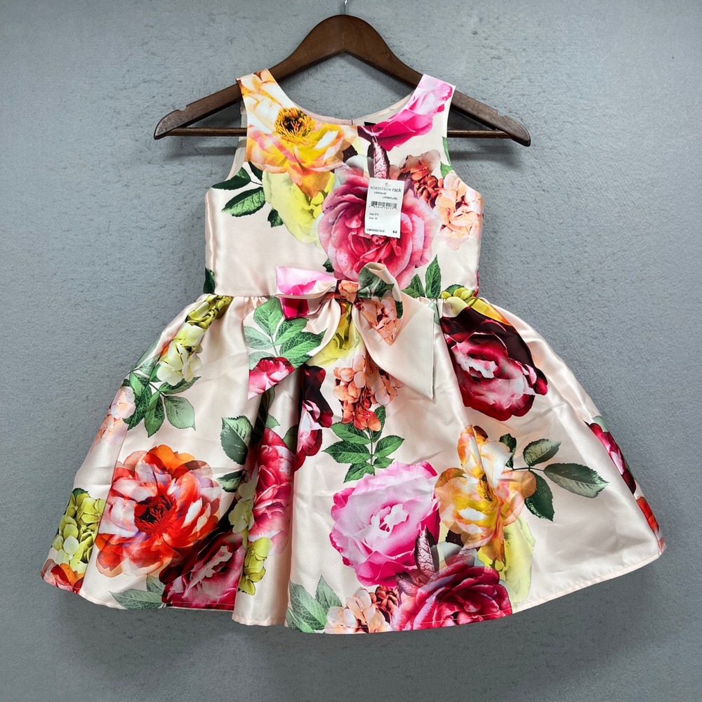 Zunie Floral Fit & Flare Dress Girls 6X Pink Sleeveless Bow Party Easter Wedding